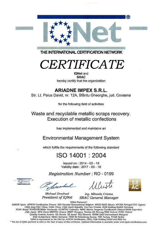 Certificat IQNet ISO 14001 | Ariadne Impex SRL