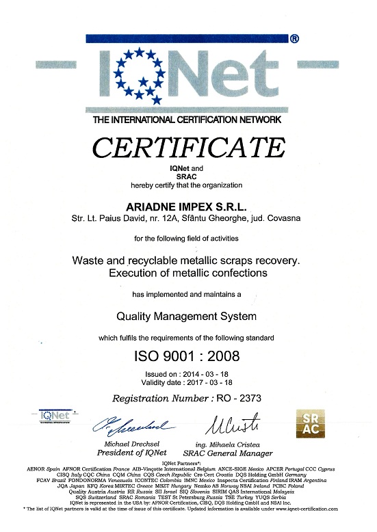 Certificat IQNet ISO 9001 | Ariadne Impex SRL