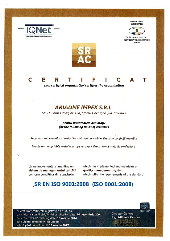 Certificat SRAC ISO 9001 | Ariadne Impex SRL